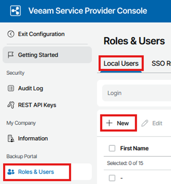 Kb-002 - Cloud Backup: Creating Users And Subtenants Screenshot Of The Veeam Service Provider Console Roles &Amp; Users Page Highlighting The Roles &Amp; Users Menu, The Local Users Tab, And The + New Button Used To Open The New User Wizard.