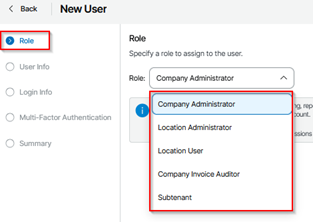 Kb-002 - Cloud Backup: Creating Users And Subtenants New User Wizard In The Veeam Service Provider Console Showing The Role Step Selected, With The Role Drop‑Down List Expanded And Available Roles Such As Company Administrator, Location Administrator, Location User, Company Invoice Auditor, And Subtenant Visible.