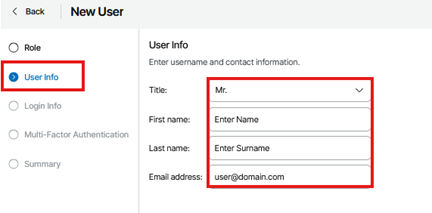 Kb-002 - Cloud Backup: Creating Users And Subtenants New User Wizard In The Veeam Service Provider Console Showing The User Info Step Selected, With Fields For Title, First Name, Last Name, And Email Address Displayed For Completion.