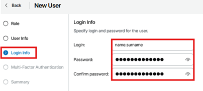 Kb-002 - Cloud Backup: Creating Users And Subtenants New User Wizard In The Veeam Service Provider Console Showing The Login Info Step Selected, With Fields For Login, Password, And Confirm Password Displayed For User Credential Configuration.