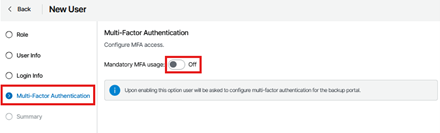 Kb-002 - Cloud Backup: Creating Users And Subtenants New User Wizard In The Veeam Service Provider Console Showing The Multi‑Factor Authentication Step Selected, With The Mandatory Mfa Usage Toggle Visible And Set To Off.