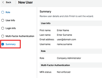 Kb-002 - Cloud Backup: Creating Users And Subtenants New User Wizard In The Veeam Service Provider Console Showing The Summary Step Selected, Displaying A Review Of User Information, Assigned Role, And Multi‑Factor Authentication Status Before Selecting Finish.
