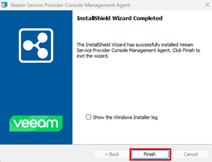 Kb-003 - Cloud Backup: Installing Management Agents (Windows) Installshield Wizard Completion Screen Confirming Successful Installation Of The Veeam Service Provider Console Management Agent, With The Finish Button Highlighted To Exit The Wizard.