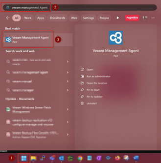 Kb-003 - Cloud Backup: Installing Management Agents (Windows) Windows Start Menu Search Results Showing “Veeam Management Agent” Typed Into The Search Bar, With The Veeam Management Agent Application Highlighted And Available To Open.