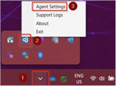 Kb-003 - Cloud Backup: Installing Management Agents (Windows) Windows System Tray Showing Hidden Icons Expanded, With The Veeam Management Agent Icon Right‑Clicked And The Context Menu Open, Highlighting The Agent Settings Option.