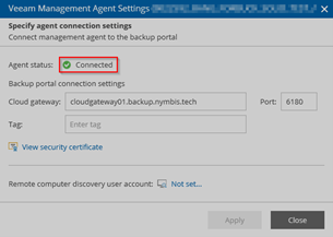 Kb-003 - Cloud Backup: Installing Management Agents (Windows) Veeam Management Agent Settings Window Showing The Agent Connection Settings, With The Agent Status Displayed As Connected And A Green Check Mark Indicating A Successful Connection.