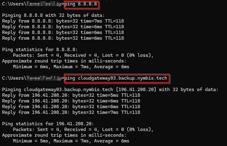 Kb-003 - Cloud Backup: Installing Management Agents (Windows) Command Prompt Window Showing Successful Ping Test Results To 8.8.8.8 And To Cloudgateway03.Backup.nymbis.tech, With Reply Messages Indicating Zero Packet Loss And Successful Network Connectivity.