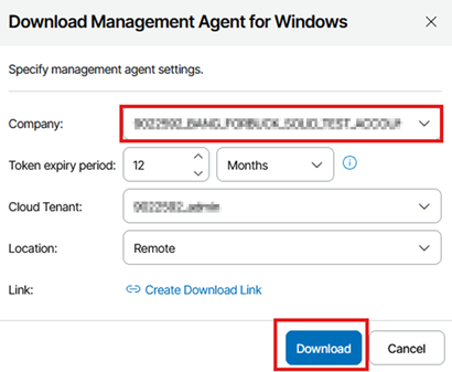 Kb-003 - Cloud Backup: Installing Management Agents (Windows) Download Management Agent For Windows Dialog In The Veeam Service Provider Console Showing Company Selection, Token Expiry Settings, And Options To Create A Download Link Or Select Download To Obtain The Installer.