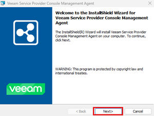 Kb-003 - Cloud Backup: Installing Management Agents (Windows) Installshield Wizard Welcome Screen For The Veeam Service Provider Console Management Agent, Displaying The Introduction Text And The Next Button Highlighted To Proceed With The Installation.