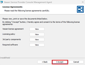 Kb-003 - Cloud Backup: Installing Management Agents (Windows) Installshield Wizard License Agreements Screen For The Veeam Service Provider Console Management Agent, Showing Links To License Documents And The I Accept Button Highlighted To Continue The Installation.
