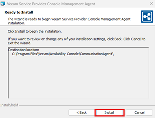 Kb-003 - Cloud Backup: Installing Management Agents (Windows) Installshield Wizard “Ready To Install” Screen For The Veeam Service Provider Console Management Agent, Displaying The Installation Destination Path And The Install Button Highlighted To Begin Installation.