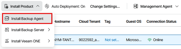 Kb-005 - Cloud Backup: Installing Backup Agents Veeam Service Provider Console Toolbar Showing The Install Product Menu Expanded, With The Install Backup Agent Option Highlighted In The Dropdown List.