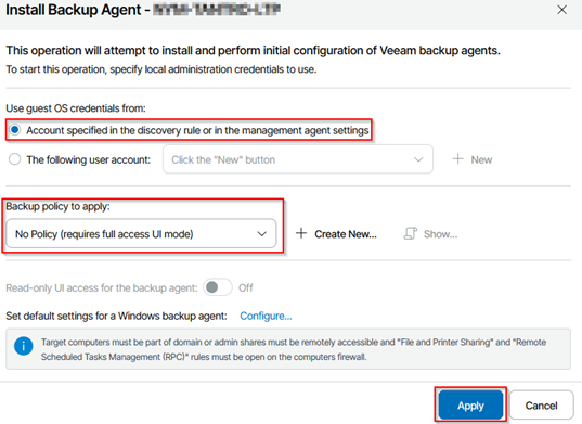 Kb-005 - Cloud Backup: Installing Backup Agents Install Backup Agent Window In The Veeam Service Provider Console Showing Guest Os Credential Options And The Backup Policy To Apply Field Set To No Policy, With The Apply Button Highlighted To Proceed.