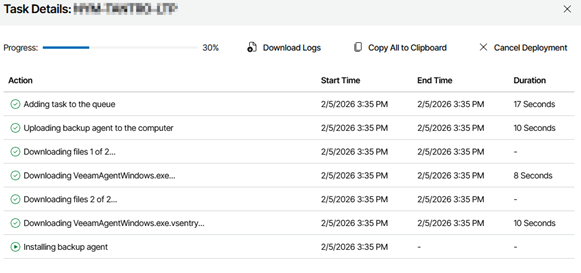 Kb-005 - Cloud Backup: Installing Backup Agents Task Details Window In The Veeam Service Provider Console Showing The Backup Agent Deployment Progress, With A Progress Indicator At 30 Percent And A List Of Actions Such As Uploading Files, Downloading The Agent Installer, And Installing The Backup Agent.