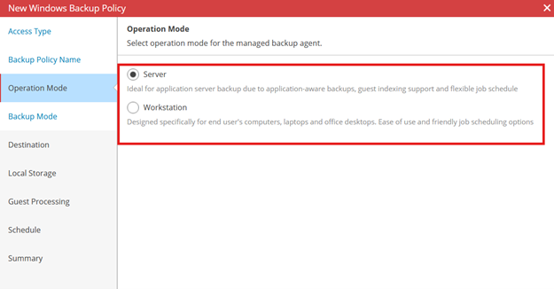 Kb-006 – Cloud Backup: Creating Policy Based Jobs New Windows Backup Policy Wizard Showing The Operation Mode Step Selected, With The Server Option Highlighted And Selected, And The Workstation Option Displayed As An Alternative.