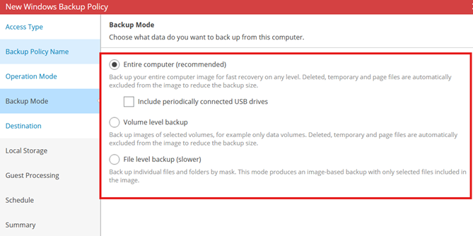 Kb-006 – Cloud Backup: Creating Policy Based Jobs New Windows Backup Policy Wizard Showing The Backup Mode Step Selected, With The Entire Computer Option Highlighted And Selected, And Additional Backup Mode Options Such As Volume Level Backup And File Level Backup Displayed Below.