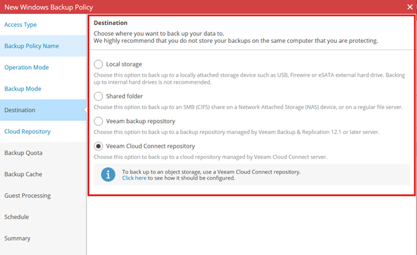 Kb-006 – Cloud Backup: Creating Policy Based Jobs New Windows Backup Policy Wizard Showing The Destination Step Selected, With Veeam Cloud Connect Repository Highlighted And Selected As The Backup Destination Option.