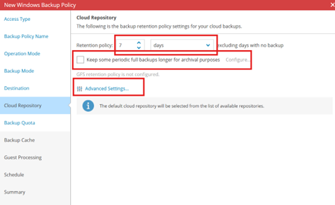 Kb-006 – Cloud Backup: Creating Policy Based Jobs New Windows Backup Policy Wizard Showing The Cloud Repository Step Selected, With A Retention Policy Set To 7 Days, The Option To Keep Periodic Full Backups For Archival Purposes Displayed, And The Advanced Settings Link Highlighted.