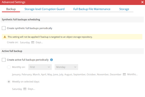 Kb-006 – Cloud Backup: Creating Policy Based Jobs Advanced Settings Window In The New Windows Backup Policy Wizard Showing The Backup Tab Selected, With Options For Synthetic Full Backup Scheduling And Active Full Backup Scheduling Displayed.