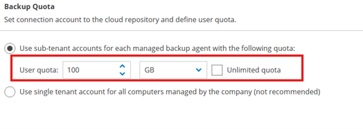 Kb-006 – Cloud Backup: Creating Policy Based Jobs New Windows Backup Policy Wizard Showing The Backup Quota Step Selected, With The Option To Use Sub‑Tenant Accounts Enabled And The User Quota Set To 100 Gb.