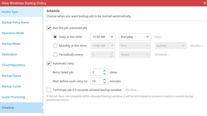 Kb-006 – Cloud Backup: Creating Policy Based Jobs New Windows Backup Policy Wizard Showing The Schedule Step Selected, With The Job Configured To Run Automatically On A Daily Schedule At 12:30 Am And Automatic Retry Options Enabled.