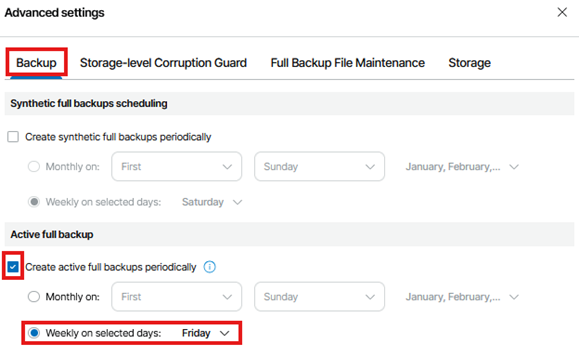 Kb-007 – Cloud Backup: Creating Custom Jobs Advanced Settings Window Showing The Backup Tab Selected, With Options For Scheduling Synthetic Full Backups And Active Full Backups, Including An Active Full Backup Scheduled Weekly On Friday.