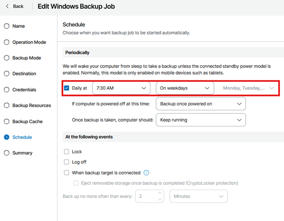 Kb-007 – Cloud Backup: Creating Custom Jobs Edit Windows Backup Job Wizard Showing The Schedule Step Selected, With The Backup Job Configured To Run Daily At 7:30 Am On Weekdays And Additional Schedule Behavior Options Displayed Below.