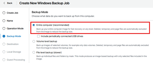 Kb-007 – Cloud Backup: Creating Custom Jobs Create New Windows Backup Job Wizard Showing The Backup Mode Step Selected, With The Entire Computer Option Highlighted And Selected As The Recommended Backup Type.