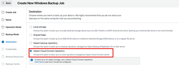 Kb-007 – Cloud Backup: Creating Custom Jobs Create New Windows Backup Job Wizard Showing The Destination Step Selected, With The Veeam Cloud Connect Repository Option Highlighted And Selected As The Backup Destination.