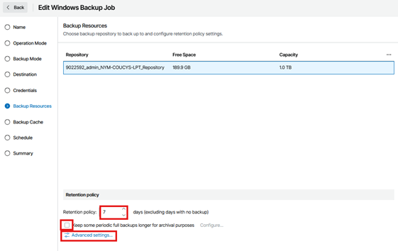 Kb-007 – Cloud Backup: Creating Custom Jobs Edit Windows Backup Job Wizard Showing The Backup Resources Step Selected, With A Cloud Repository Chosen, Retention Policy Set To 7 Days, The Option To Keep Periodic Full Backups Displayed, And The Advanced Settings Link Highlighted.