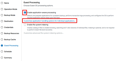 Kb-008 – Cloud Backup: Enabling Application-Aware Processing Edit Windows Backup Job Wizard Showing The Guest Processing Step Selected, With Enable Application‑Aware Processing Checked And The Customize Application Handling Options For Individual Applications Link Highlighted.