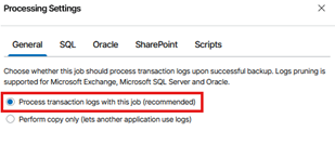 Kb-008 – Cloud Backup: Enabling Application-Aware Processing Processing Settings Window Showing The General Tab Selected, With The Process Transaction Logs With This Job (Recommended) Option Highlighted And Selected.