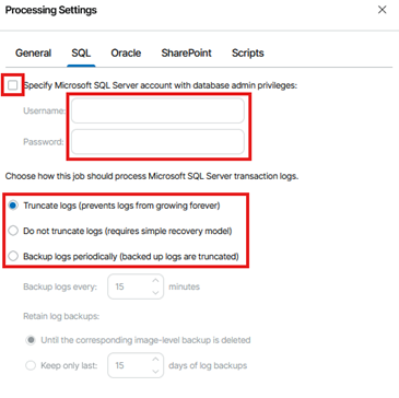 Kb-008 – Cloud Backup: Enabling Application-Aware Processing Processing Settings Window Showing The Sql Tab Selected, With Options To Specify Microsoft Sql Server Credentials And Transaction Log Processing Settings, And The Truncate Logs Option Highlighted And Selected.