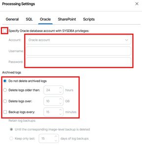 Kb-008 – Cloud Backup: Enabling Application-Aware Processing Processing Settings Window Showing The Oracle Tab Selected, With Fields To Specify An Oracle Database Account With Sysdba Privileges And Archived Log Handling Options Displayed, Including The Do Not Delete Archived Logs Setting Selected.