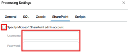 Kb-008 – Cloud Backup: Enabling Application-Aware Processing Processing Settings Window Showing The Sharepoint Tab Selected, With The Option To Specify A Microsoft Sharepoint Admin Account And Fields For Entering The Username And Password Displayed.
