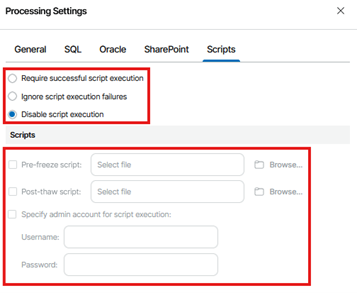 Kb-008 – Cloud Backup: Enabling Application-Aware Processing Processing Settings Window Showing The Scripts Tab Selected, With Script Execution Options Displayed And Disable Script Execution Selected, Along With Fields For Pre‑Freeze And Post‑Thaw Scripts And Optional Administrator Credentials.