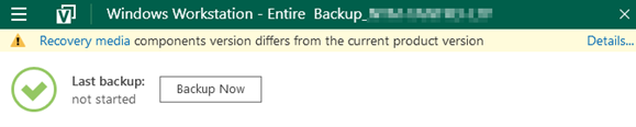 Kb-009 – Cloud Backup: Creating Recovery Media (Windows) Veeam Agent For Windows Main Window Showing The Job Status For A Windows Workstation Backup, With A Warning Banner Indicating A Recovery Media Version Mismatch, The Last Backup Status Shown As Not Started, And A Backup Now Button Available.