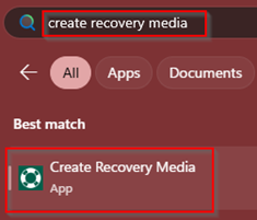 Kb-009 – Cloud Backup: Creating Recovery Media (Windows) Windows Start Menu Search Results Showing “Create Recovery Media” Entered In The Search Bar, With The Create Recovery Media App Highlighted As The Best Match.