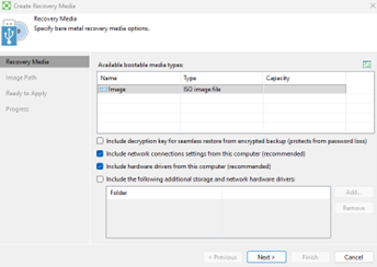 Kb-009 – Cloud Backup: Creating Recovery Media (Windows) Create Recovery Media Wizard Showing The Recovery Media Step, With An Iso Image Selected As The Bootable Media Type And Options Enabled To Include Network Connection Settings And Network Hardware Drivers Before Proceeding To The Next Step.