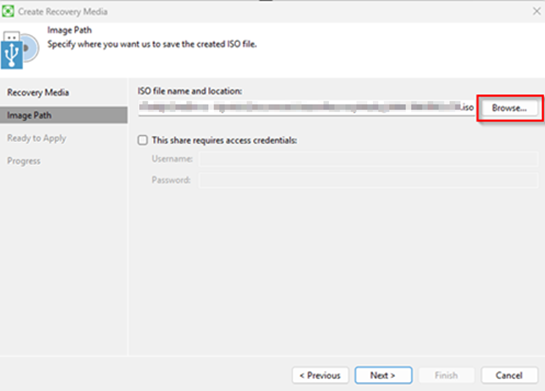 Kb-009 – Cloud Backup: Creating Recovery Media (Windows) Create Recovery Media Wizard Showing The Image Path Step, With The Iso File Name And Location Field Displayed And The Browse Button Highlighted For Selecting Where To Save The Recovery Media Iso File.