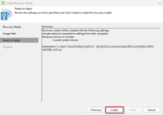Kb-009 – Cloud Backup: Creating Recovery Media (Windows) Create Recovery Media Wizard Showing The Ready To Apply Step, With A Summary Of The Selected Recovery Media Settings Displayed And The Create Button Highlighted To Generate The Recovery Media Iso File.