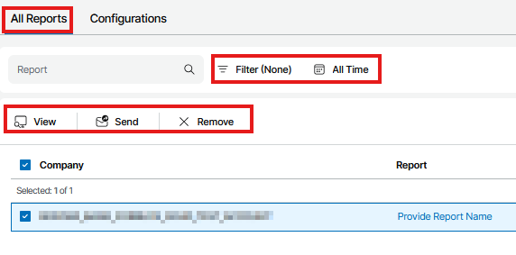 Kb-011 – Cloud Backup: Creating Reports Veeam Service Provider Console Reports Page Showing The All Reports Tab Selected, With Filter Options Set To None And All Time, And Action Buttons Available To View, Send, Or Remove A Selected Report From The List.