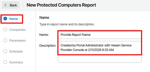 Kb-011 – Cloud Backup: Creating Reports New Protected Computers Report Wizard Showing The Name Step Selected, With Fields Displayed To Enter The Report Name And Description Before Proceeding To The Next Step.