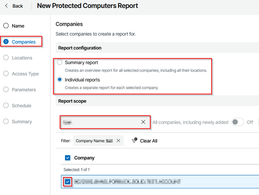 Kb-011 – Cloud Backup: Creating Reports New Protected Computers Report Wizard Showing The Companies Step Selected, With Options To Generate A Summary Report Or Individual Reports, A Company Selected In The Report Scope List, And Filtering Options Displayed To Define Which Companies Are Included In The Report.