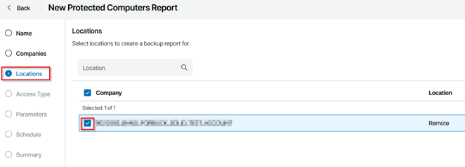Kb-011 – Cloud Backup: Creating Reports New Protected Computers Report Wizard Showing The Locations Step Selected, With A Company Location Listed And Selected, Indicating A Remote Location Chosen For Inclusion In The Report.
