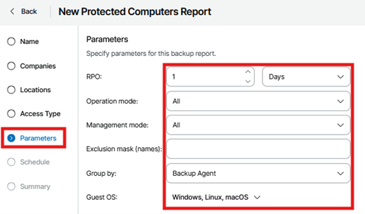 Kb-011 – Cloud Backup: Creating Reports New Protected Computers Report Wizard Showing The Parameters Step Selected, With Report Parameters Displayed Including Rpo Set To 1 Day, Operation Mode And Management Mode Set To All, Grouping Set To Backup Agent, And Guest Operating Systems Listed As Windows, Linux, And Macos.