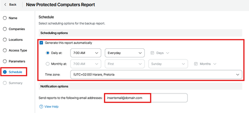 Kb-011 – Cloud Backup: Creating Reports New Protected Computers Report Wizard Showing The Schedule Step Selected, With Automatic Report Generation Enabled, A Daily Schedule Set For 7:00 Am In The Utc+02:00 (Harare, Pretoria) Time Zone, And An Email Address Specified For Report Delivery Notifications.