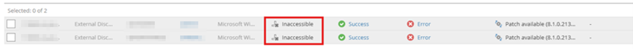 Kb-012 – Cloud Backup: Check Management Agent Status Veeam Service Provider Console Discovered Computers List Showing Two Detected Windows Computers With A Connection Status Of Inaccessible, Successful Deployment Status, Error Indicated For The Management Agent Status, And A Patch Available Message Displayed In The Management Agent Version Column.