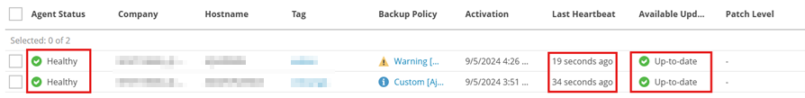 Kb-013 – Cloud Backup: Check Backup Agent Status Veeam Service Provider Console Backup Agents List Showing Two Backup Agents With A Healthy Agent Status, Recent Last Heartbeat Timestamps Displayed In Seconds, And The Available Update Status Indicated As Up‑To‑Date For Both Entries.