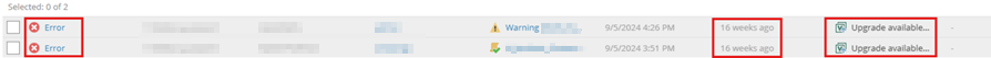 Kb-013 – Cloud Backup: Check Backup Agent Status Veeam Service Provider Console Backup Agents List Showing Two Backup Agents With An Error Status, Outdated Last Heartbeat Timestamps Measured In Weeks, And An Upgrade Available Notification Displayed For Both Agents.